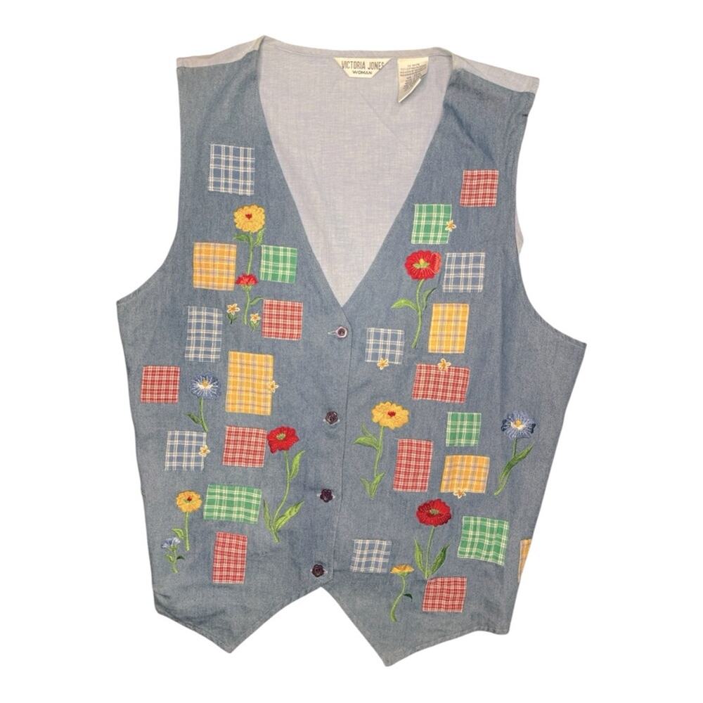 Vtg Chambray Patchwork Floral Plaid Cottagecore Vest Womens Size